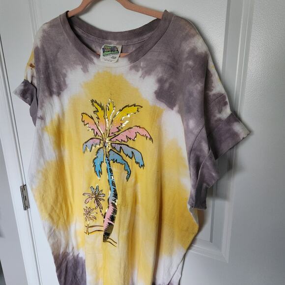 Village Mews Vintage Yellow Tie Dye T Shirt Yellow Grey Palm Tree OSFM - Picture 5 of 8